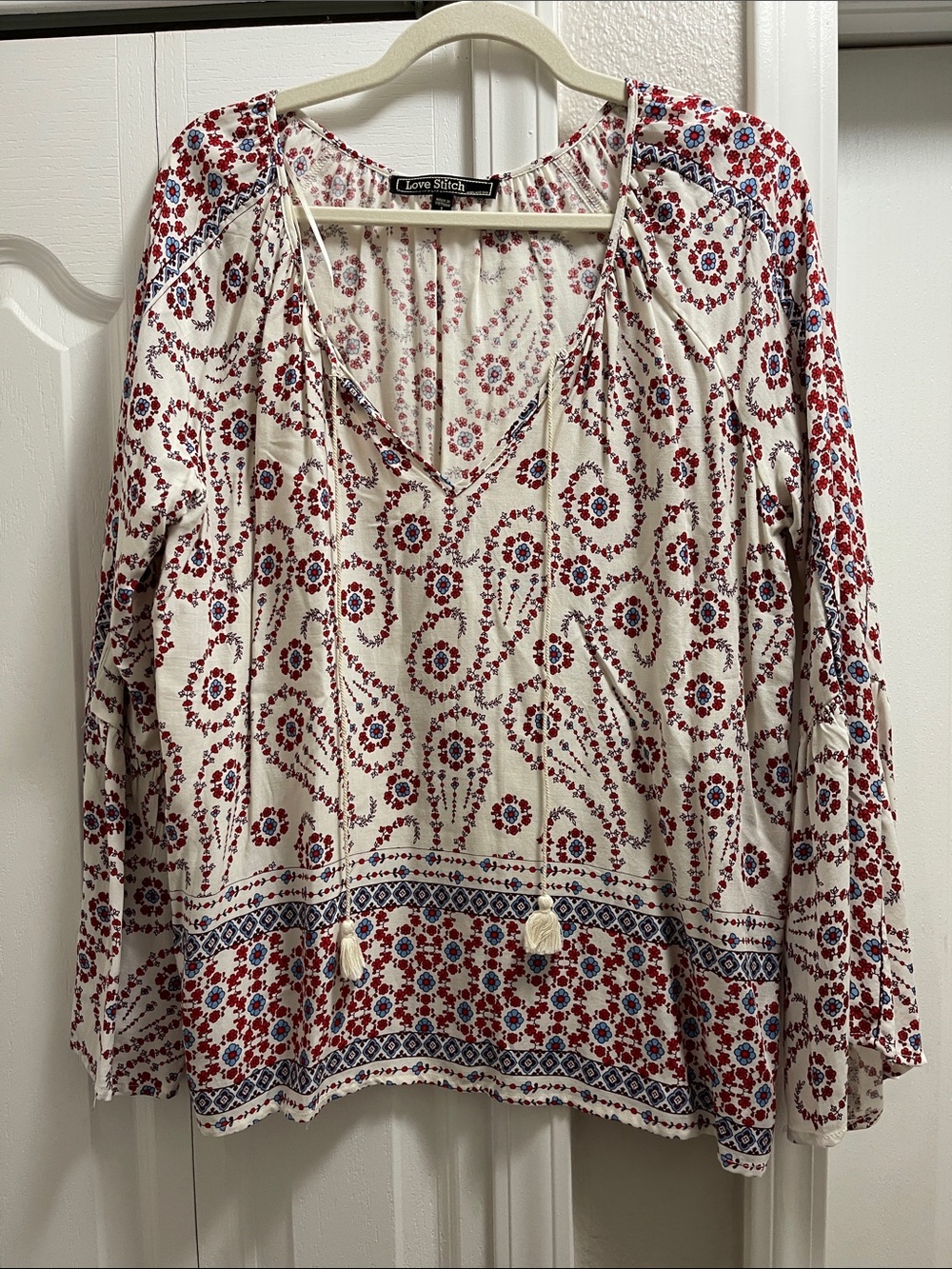Love Stitch Cream Boho Blouse with Red & Blue Floral Print